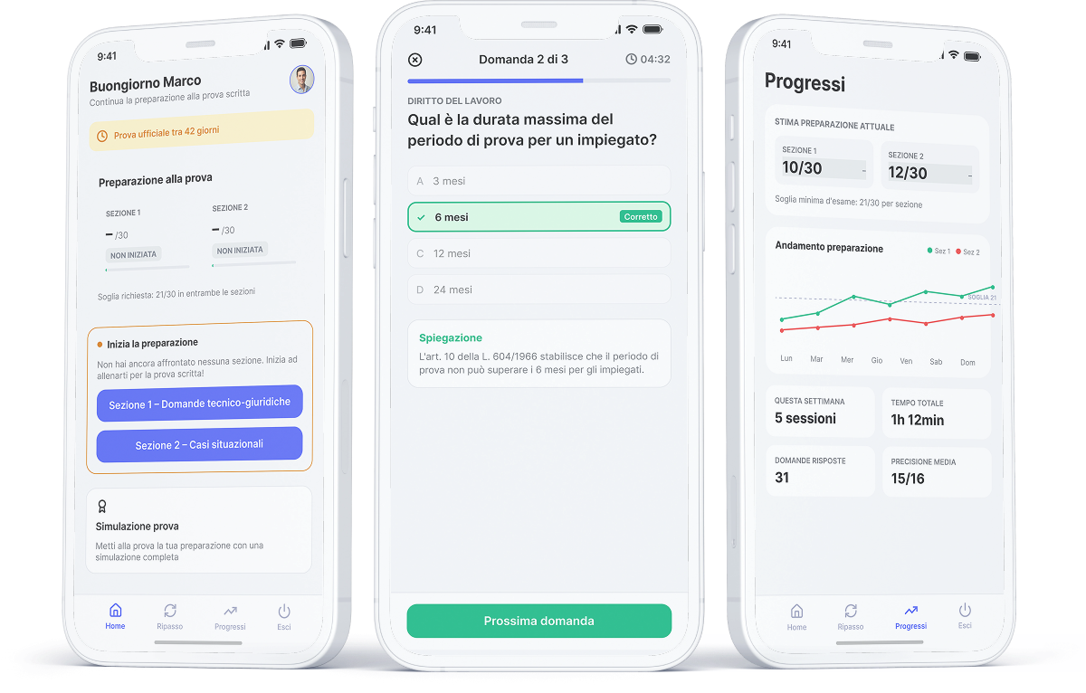 Tre schermate dell'app: Home, domanda quiz e Progressi